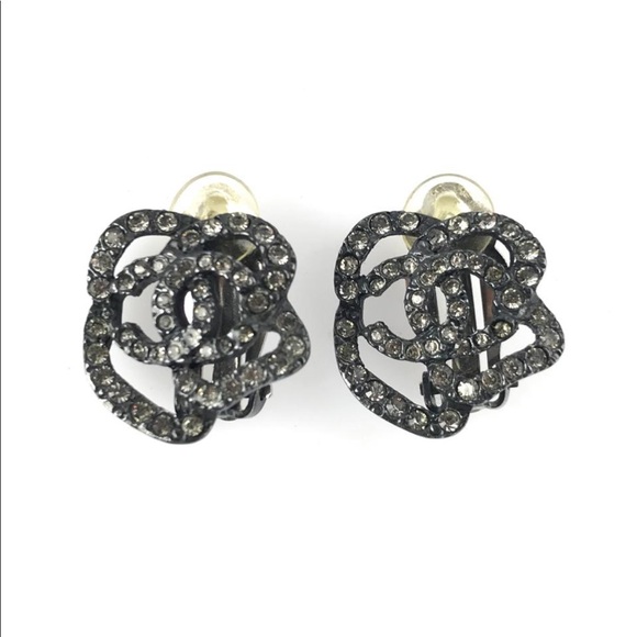 CHANEL Black and Silver Camellia Earrings - Picture 1 of 10